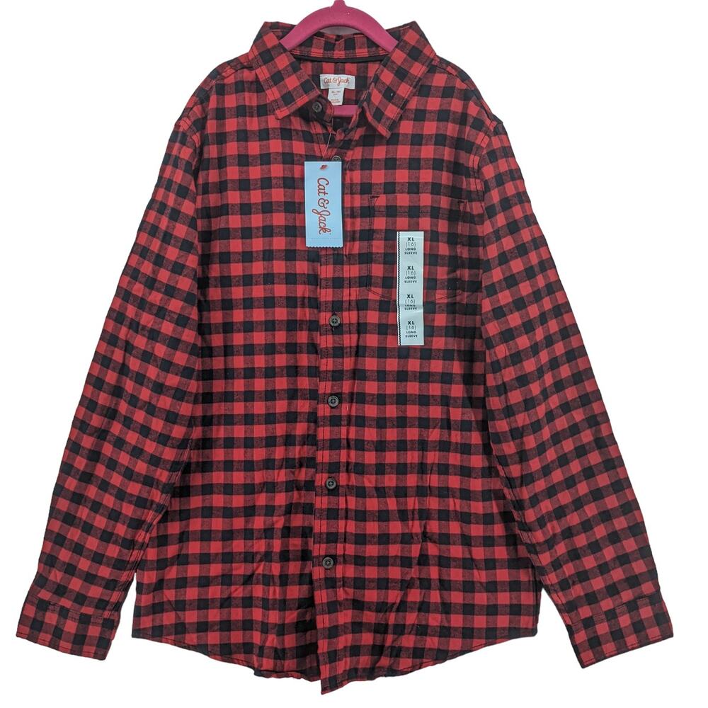 Cat & Jack Button Down Flannel Shirt Red Black XL Boys Long Sleeve Pocket Collar